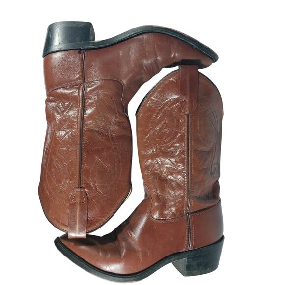 OLD WEST! PECAN BROWN GENUINE LEATHER WESTERN COWBOY BOOTS! FANCY STITCHED!SZ 6M - Picture 7 of 11